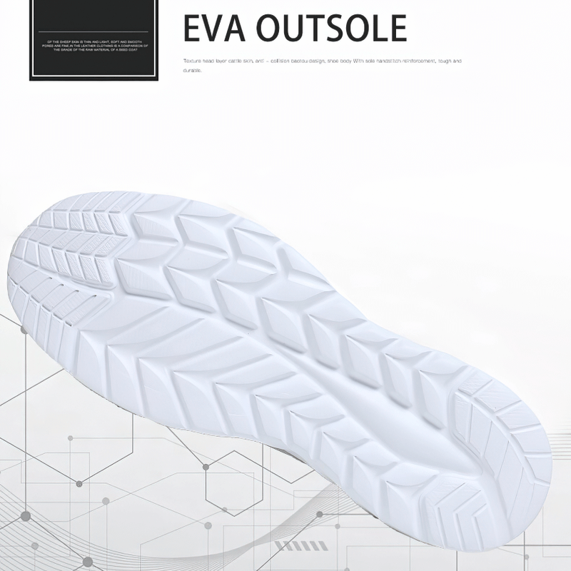 White non-slip EVA outsole of casual lace-up mesh moccasins, showcasing traction and durability design.